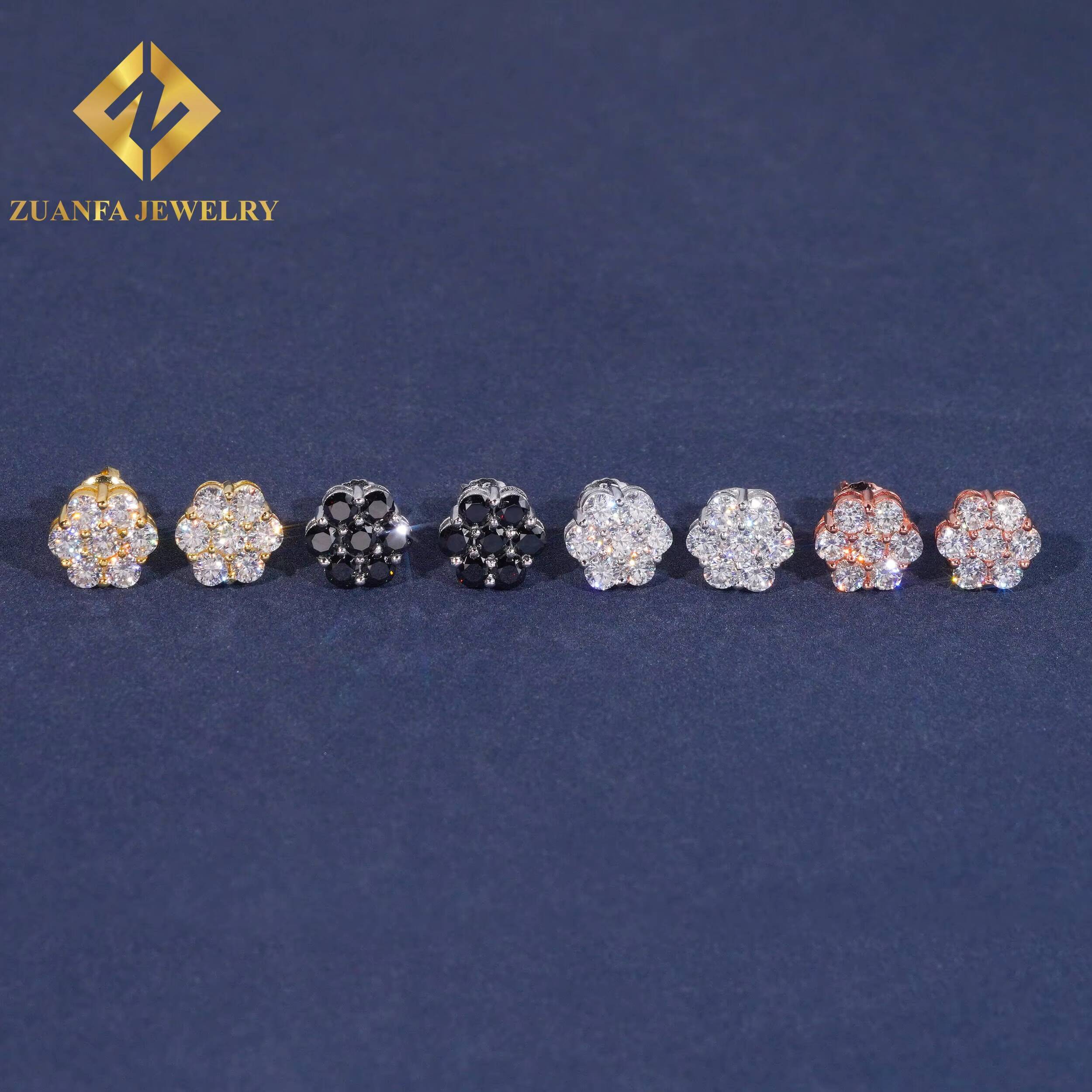 Wholesale Price Hip Hop Sun Flower Design Ice Out Moissanite Stud Earring 925 Sterling Silver Black VVS Moissanite Stud Earring