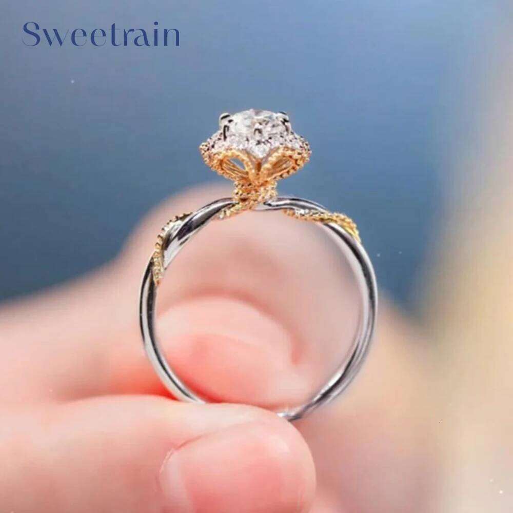 Sweetrain 1CT Certified Moissanite Engagement Ring Women Plated 18k Gold Double Color Wedding Lab Diamond Band Pure 925 Silver XJ260130