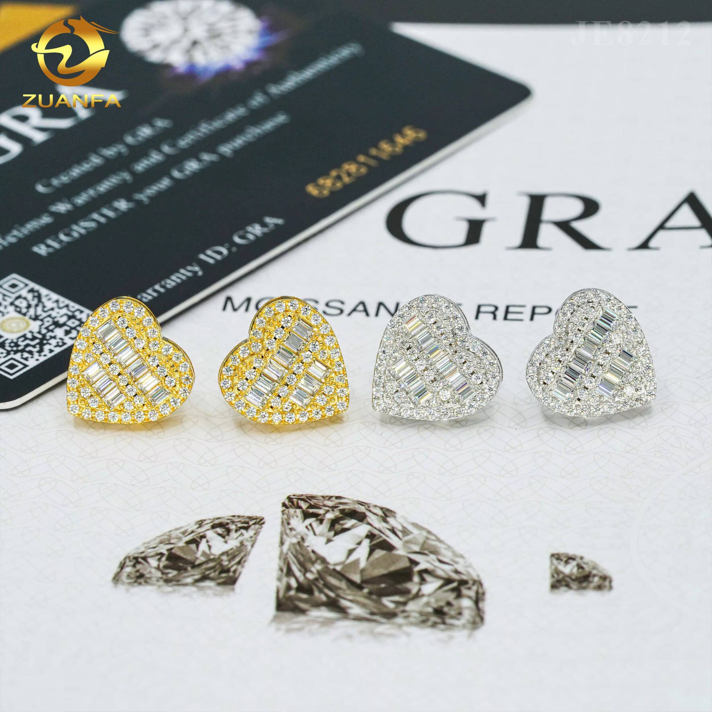 Fine jewelry 925 sterling silver heart design earring studs screw back women men vvs baguette diamond moissanite earring stud