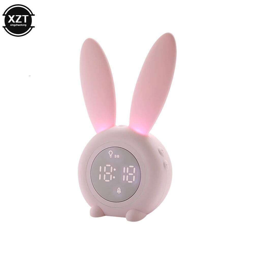 Mini Cartoon Digital Alarm Electronic LED Display Sound Control Cute Rabbit Night Lamp Desk Rechargeable Clock W260130