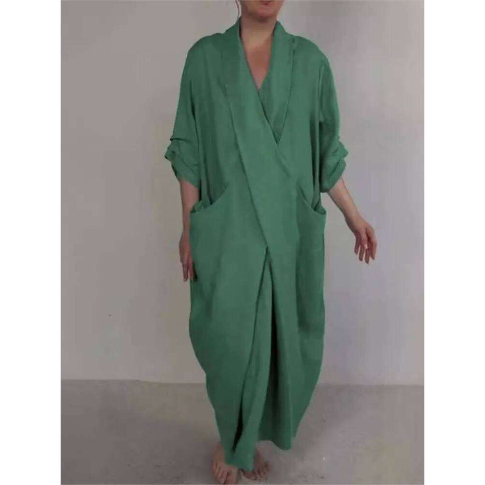 Casual Solid Loose Dress For Female Fashion V Neck Pullover Long Dresses Holiday Clothing Robe Spring Summer Vestidos Para Mujer XJ260130