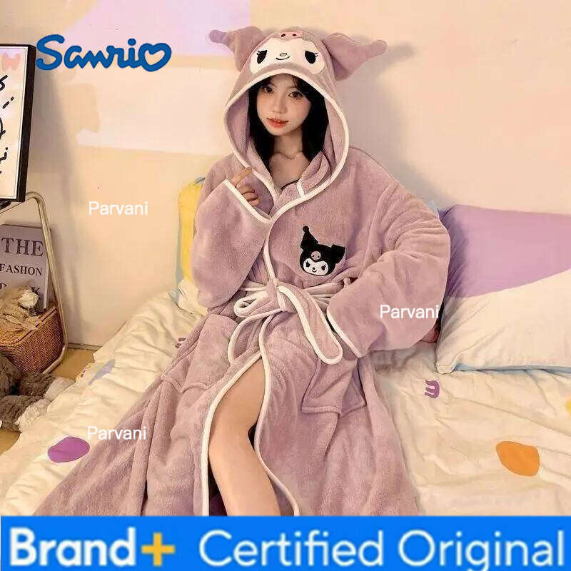 Sanrio New Hello Kitty Nightgown Cartoon Cute My Melody Kuromi Cinnamoroll Thick Absorbent Quick-Drying Long Adult Bathrobe Pajama H2601301