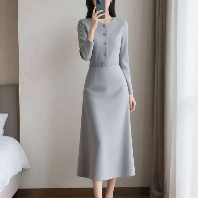 New Elegant Simple Dress Women Autumn Fashion O-Neck Sleeve Slim A-line Long Drsss Casual Office Lady Beautiful Dresses XJ260130