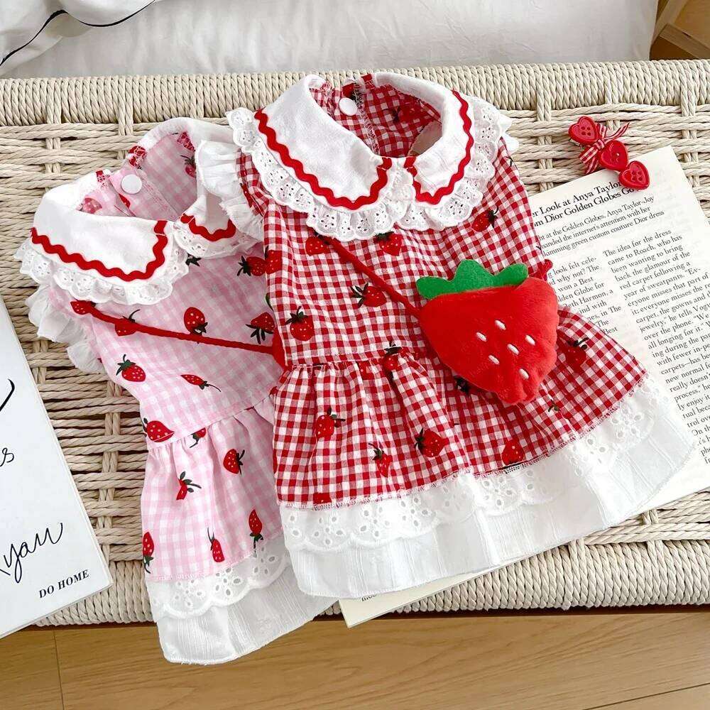 Strawberry Plaid Dog Dress - Summer Spring Small Medium Pet Apparel H260129