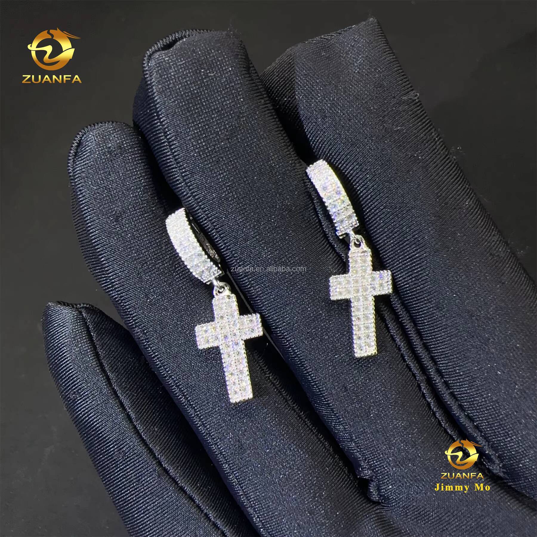 Bulk Stock Best Selling Drop Shipping Gold Plated 925 Silver Iced Out Hip Hop Moissanite Diamond Cross Shape Drop Earrings Men