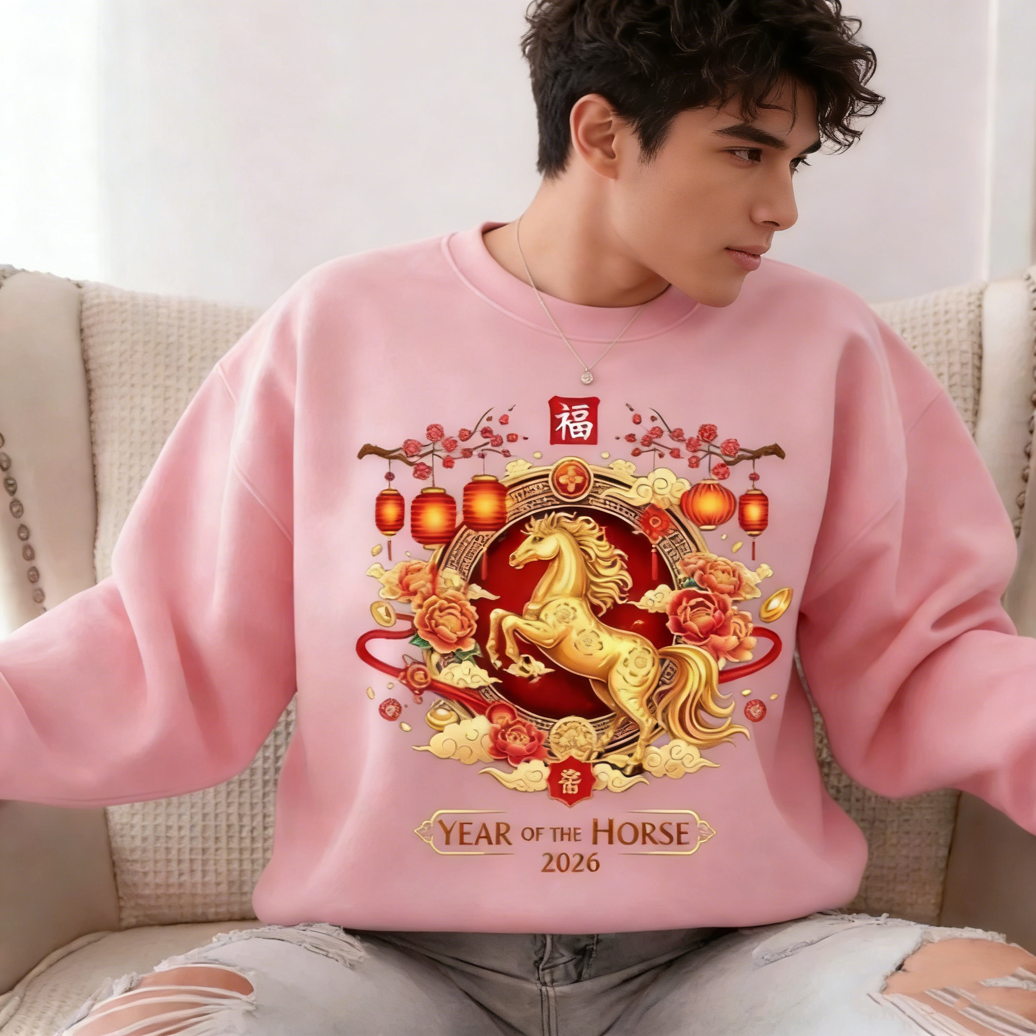 2026 Year of The Horse Men Unisex Sweatshirt Chinese New Year Sweater Chinese Horse Sweatshirt Winter Warm Pullover Clothes