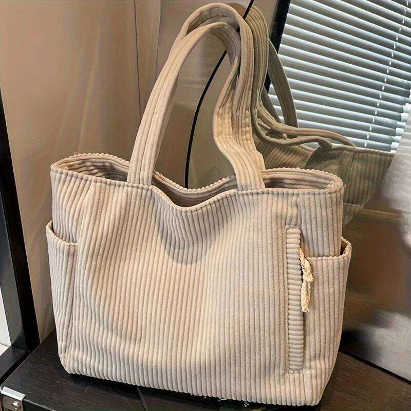 Corduroy Tote with Zipper Closure Light and Large Capacity Fixed Shoulder Strap Solid Color Daily Commuter Handbag Z260130