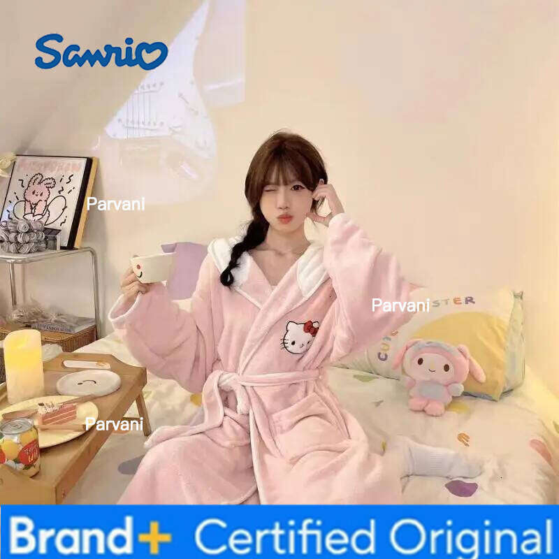 Sanrio Kawaii Anime Cute Kitten Women's Robe Cartoon Sweet Fashion Nightdress Teen Comfort Soft Home Clothing Thick Warm Bath Towel H260130