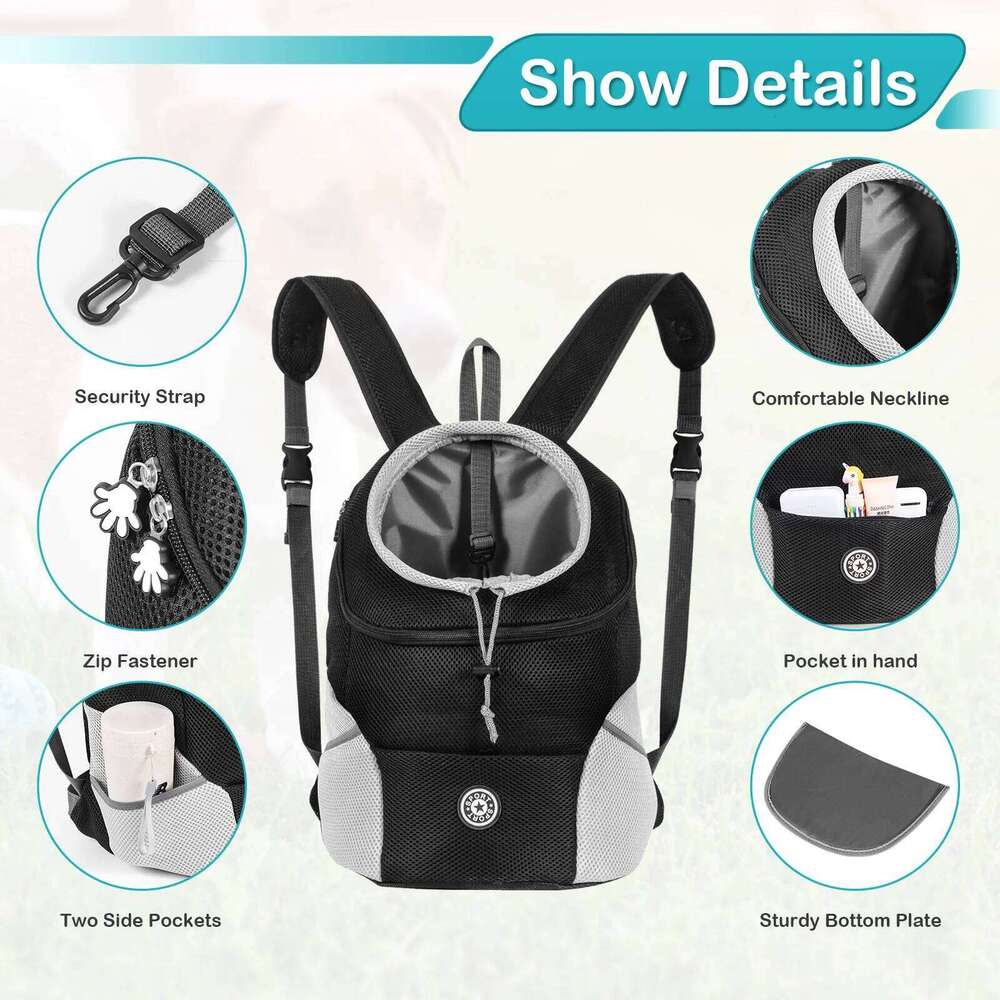 Breathable mesh dog backpack front leg design, adjustable shoulder straps, and zipper opening 26H0130