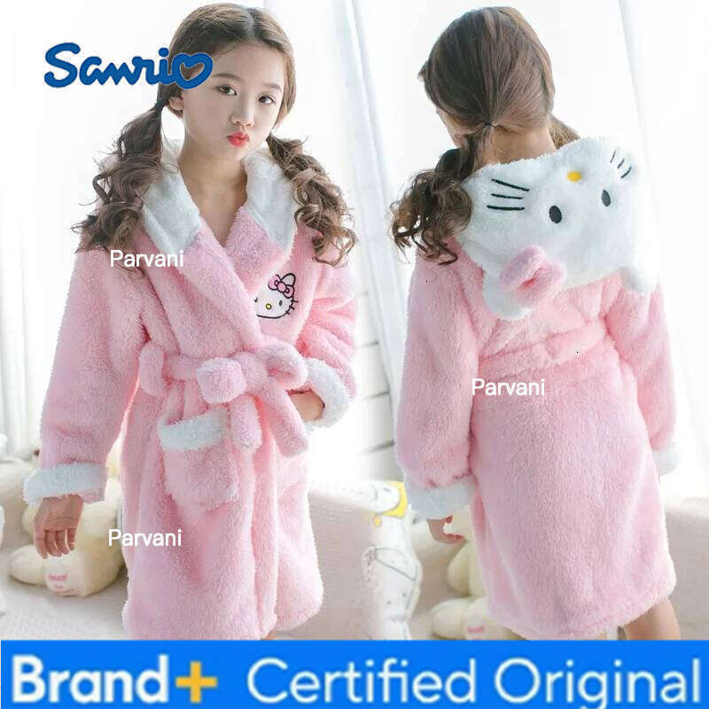 Sanrio Kawaii Hello Kitty Pajamas Coral Velvet Children Girls Heart Cartoon Anime Sleeping Robe Hooded Loungewear Toys for Kids H26013011