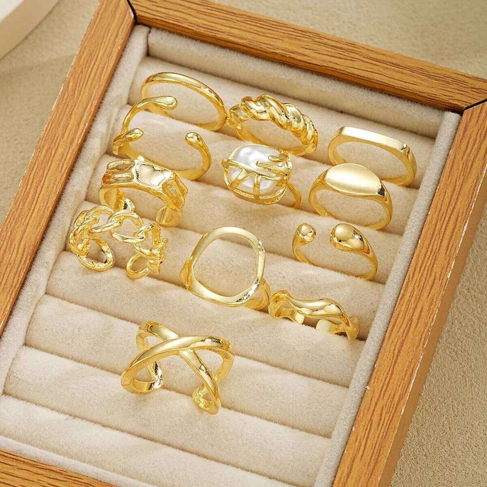 12 Pcs/Set Fashion Gold Color Irregular Geometric Open Rings For Women Men Punk Metal Adjustable Knuckle Joint Ring Jewelry Gift XJ260130