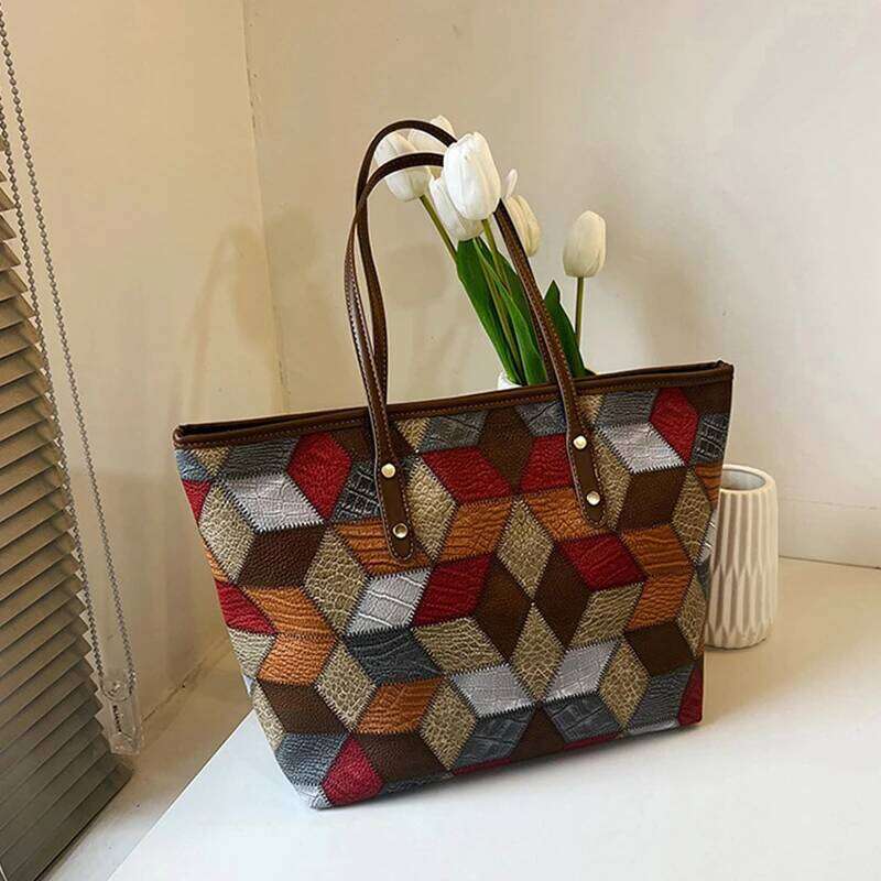 Large-capacity Tote PU Soft Leather New Shoulder Fashionable Texture Simple Splicing Casual Portable Women's Bag Z260130