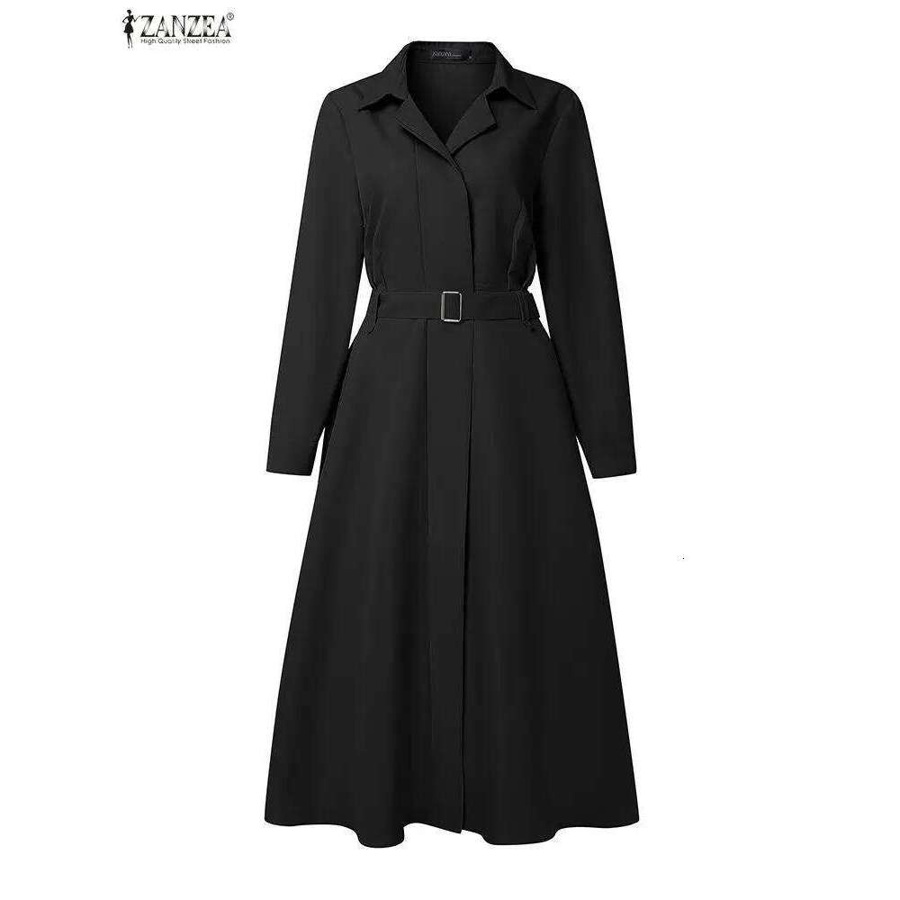 2026 ZANZEA Spring Office Lady Dresses Women Elegant Lapel Neck Long Sleeve Shirt Dress Stylish Solid OL Work Sundress Midi Robe XJ260130