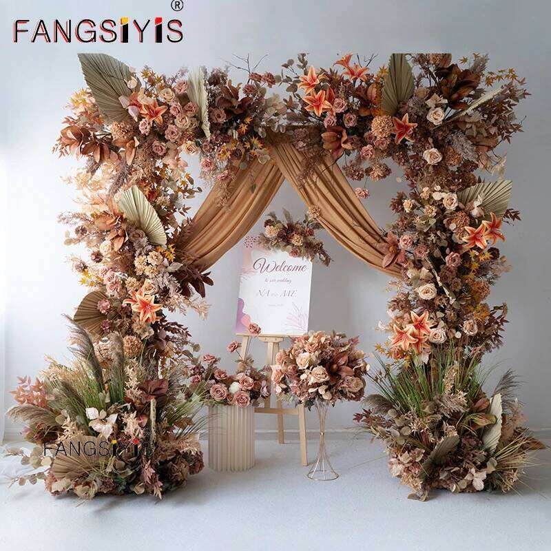 Luxury Brown Artificial Row Wedding Arch Deco Rose Hang Corner Floral Backdrop Decor Floor Flower Event Party Props Y260130