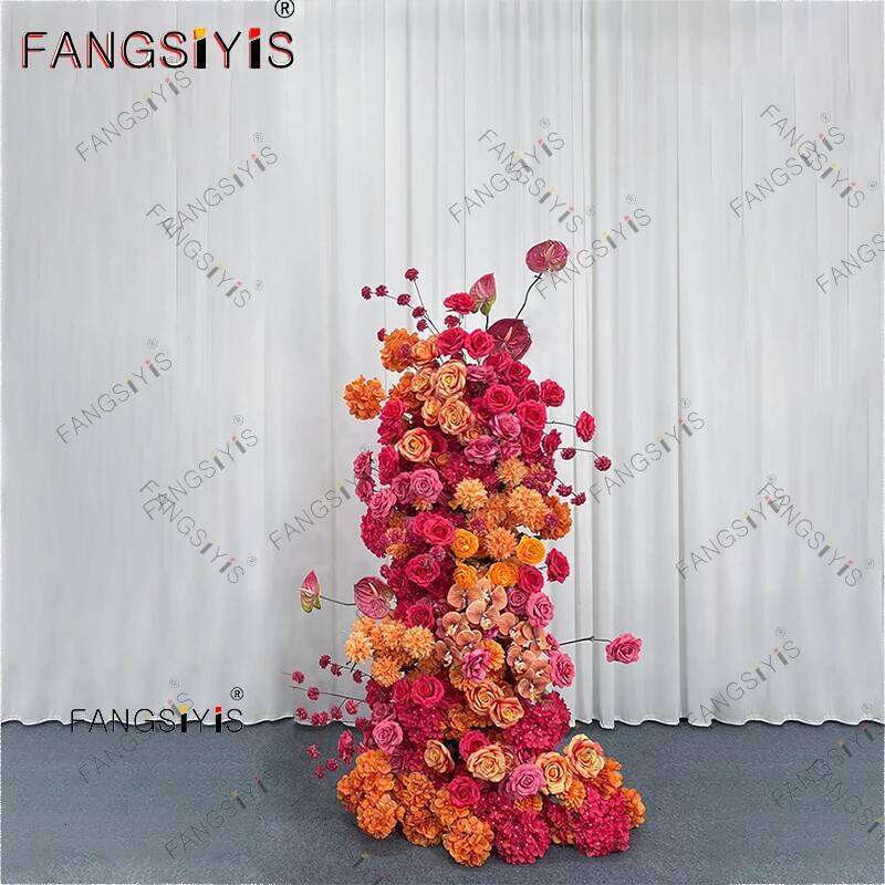 Wedding Backdrop Arch Flower Runner,orange-red,Hydrangea,Rose,KT Board Decor Floral Row Arrangement,Event Party Props Display W260130