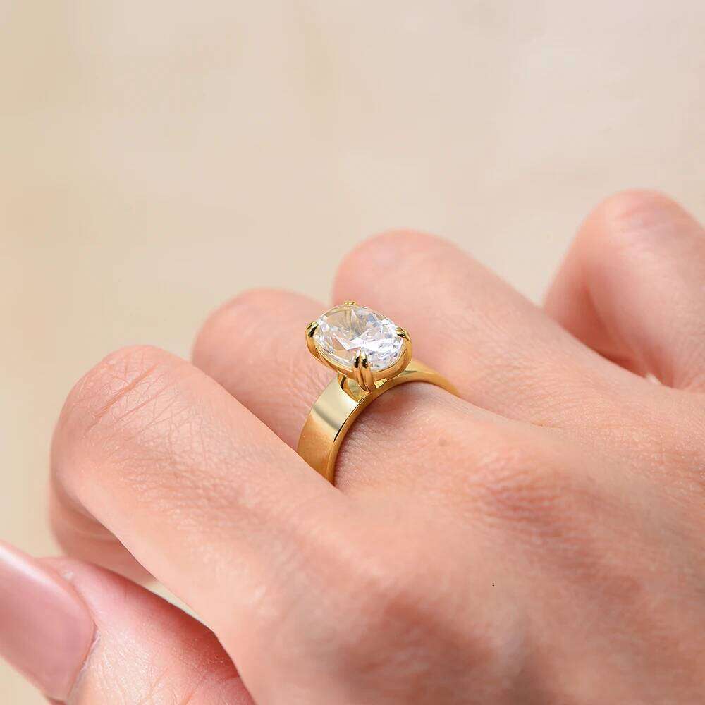 Thick Band 925 Sterling Silver 14k gold plated Oval Solitaire Zirconia Engagement Ring for women jewelry XJ260130