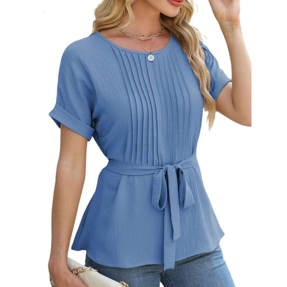 Spring Summer New Casual Shirt With Ruffled Pleats Round Neck Short Sleeve Top Fashion Women LEEGO LENS