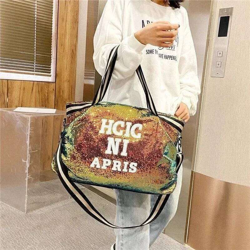 Fashionable Glitter Sequined Shoulder Bag, Large-capacity Women's Large Travel Handbag, Letter-printed Crossbody Bag Z260130