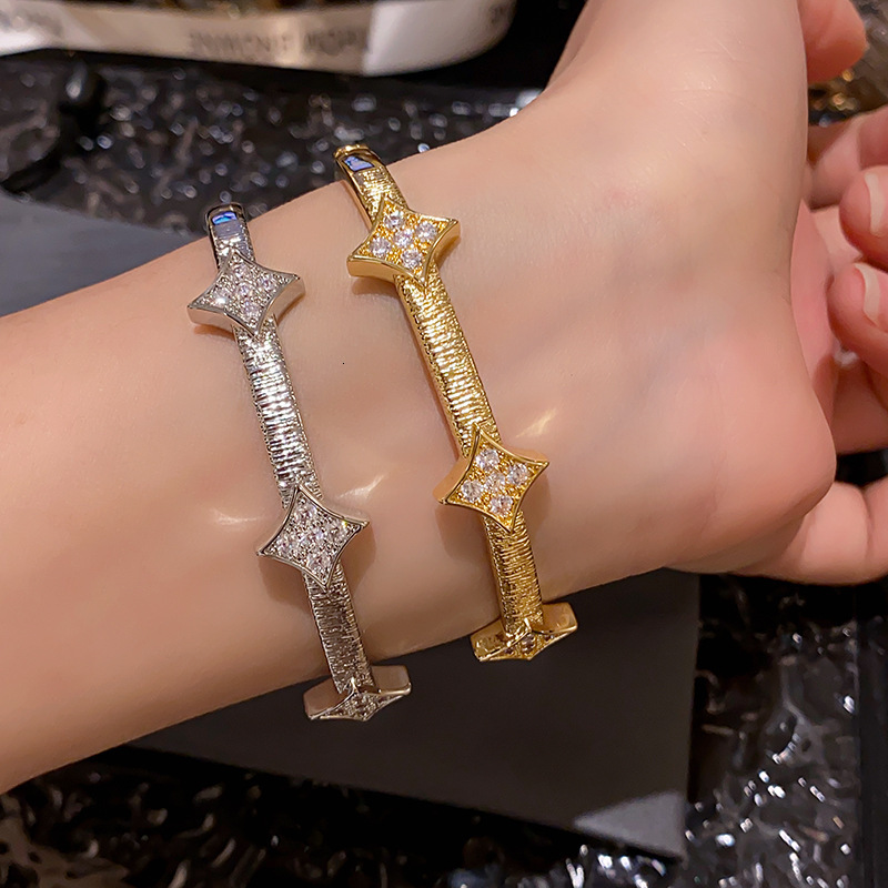 Bracelet 18K Real Gold Plated Wrinkled Stripe Star Zircon Bracelet Light Luxury High-End Feel Women's Jewelry Bracelet
