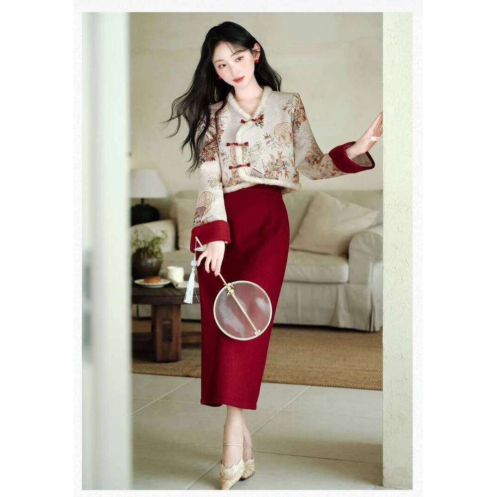 Mardi Hefxessdr Qipao Jacket Coat Embroidered V neck Red Short Skirt New Year s Women Outfits Traditional Chinese Clothing
