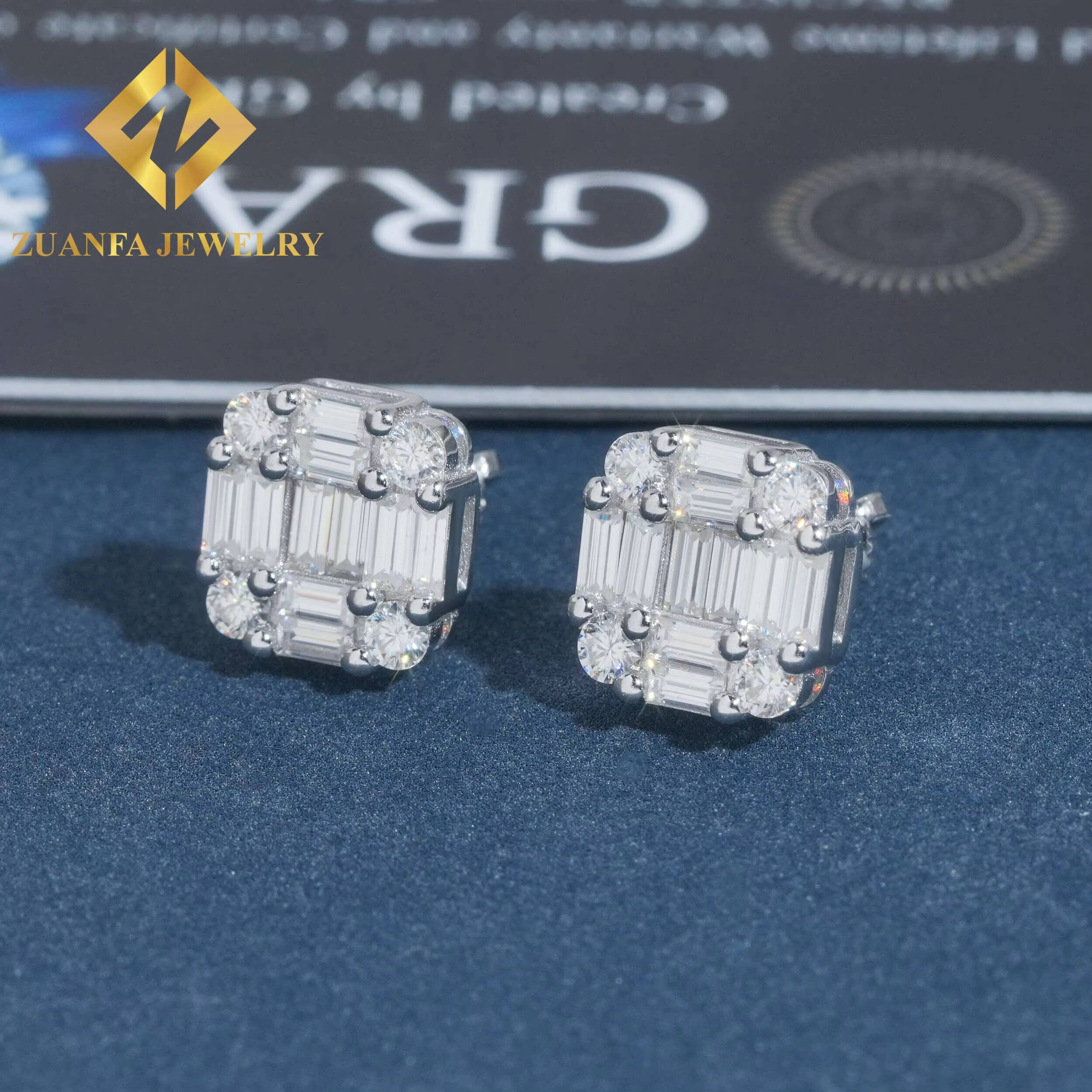 Wholesale Price GRA Certificates Square Shape Stud Earring Hip Hop 925 Sterling Silver baguette Moissanite Luxury Stud Earring