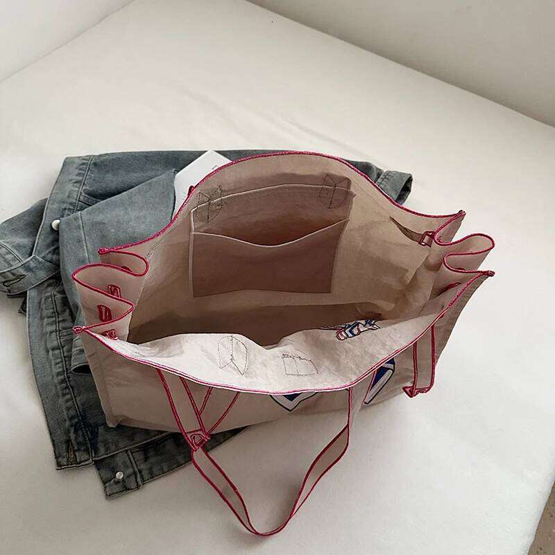 Japanese Nylon Silk Scarf Embroider Tote Large Capacity Fashion Shoulder Bag for School Work Shopping Retro Handbag 2025 NEW Z260130