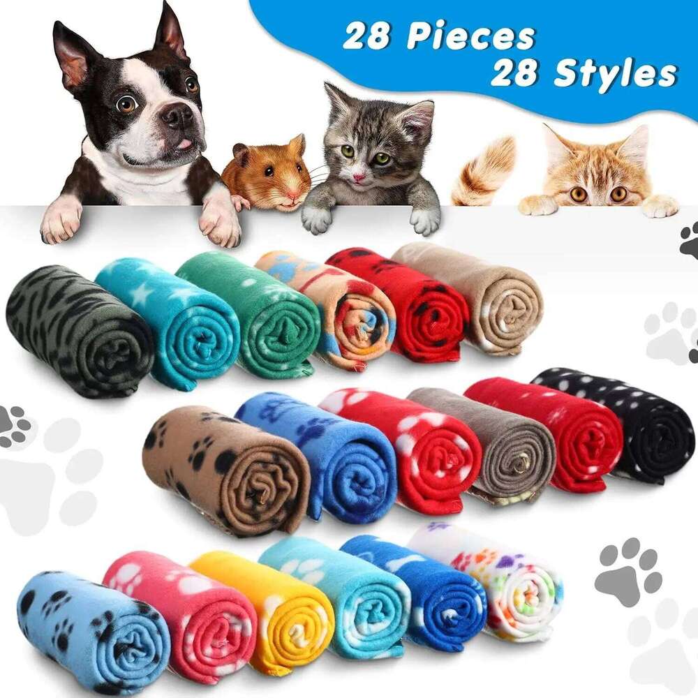 EFF 28-Piece Fleece Pet Blankets Set, Soft Warm Paw Print Sleep Mats for Dogs Cats, 27.5x39.3 Inch 26W01130