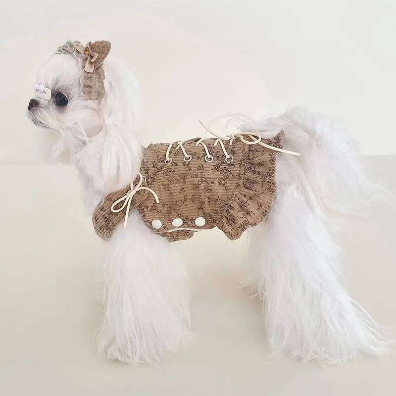 Retro Khaki Beige Princess For Small Medium Plush Cotton Bandage Strap Dress Puppy Dog Overalls Chihuahua Pet Clothes H260129