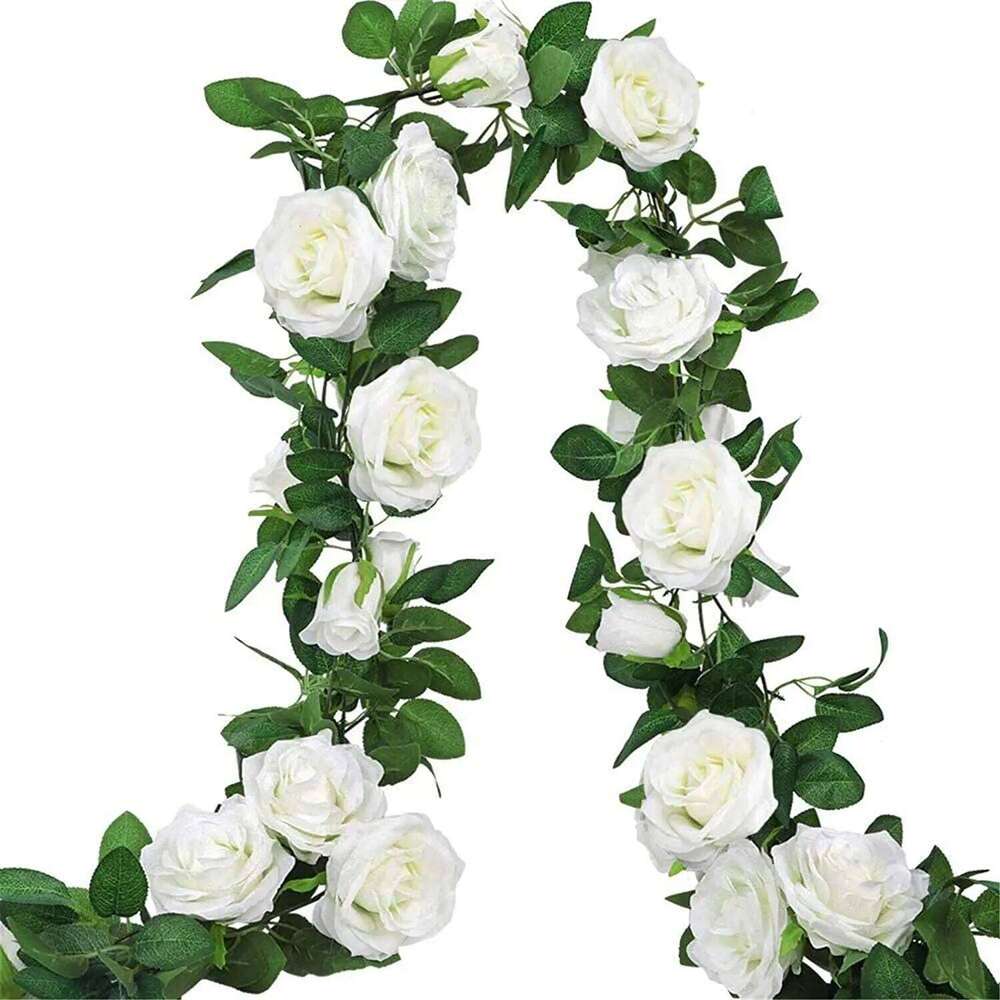 3PCS 2M Fake Rose Artificial Silk White Flower Vines Hanging Floral Garland Wedding Flowers String Party Garden Decor W260130