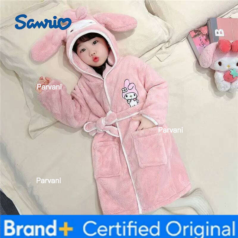 Sanrio Kuromi My Melody Winter Spring Girls Robe Pajamas Set Coral Fleece Hooded Kids Baby Homewear Bathrobe Sleepwear H260130