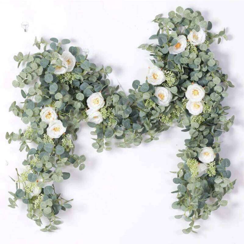 180cm Artificial Eucalyptus Garland with White Flowers for Home Festival Wall Hanging Garden Wedding Backdrop Arch Party Decor W260130