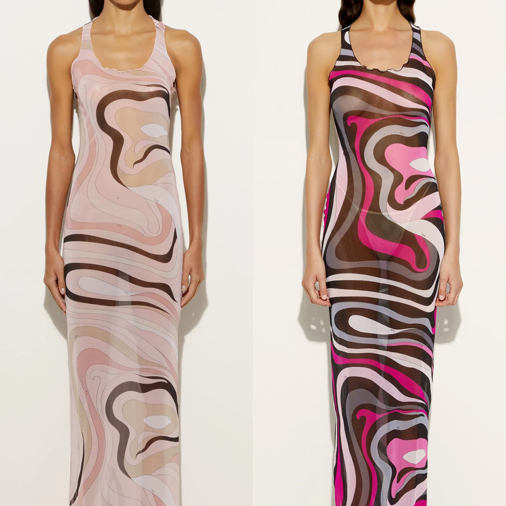 Summer Mesh Sexy Dress Women Beach Vacation Fashion Striped Printed Mid Dresses For Woman Quick Dry Swim Wear