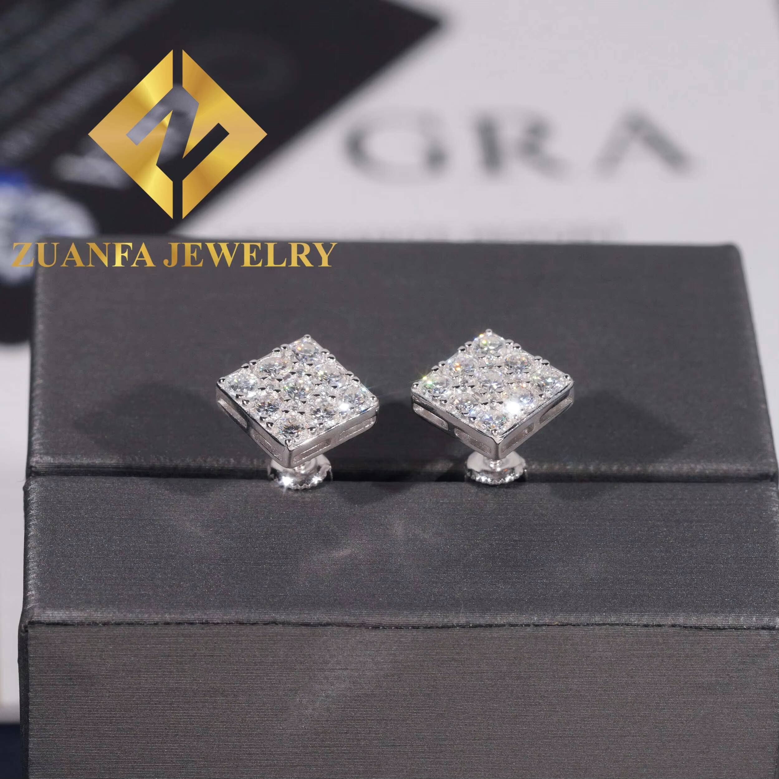 Wholesale Price Hip Hop Square Shape Stud Earring 925 Sterling Silver VVS Moissanite Stud Earring