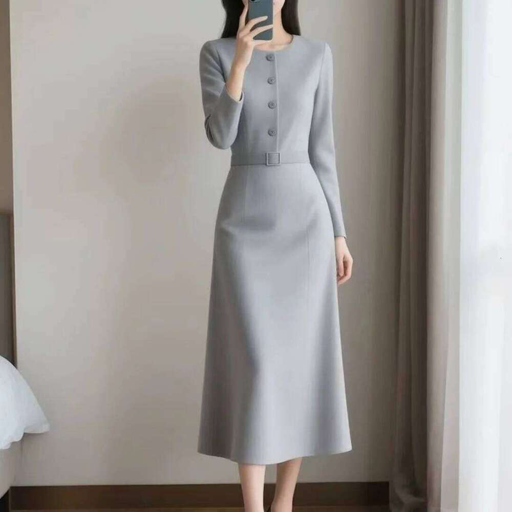 New Elegant Simple Dress Women Autumn Fashion O-Neck Sleeve Slim A-line Long Drsss Casual Office Lady Beautiful Dresses XJ260130