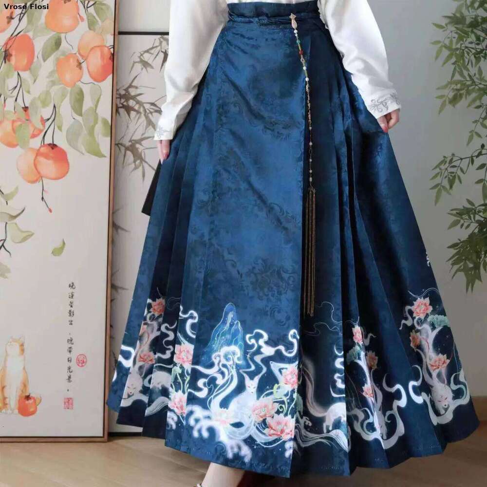 Vintage Women Traditional Cardigan + Blue Pleated Mamian Chinese Hot Hanfu Shirt Horse Face Skirt Set