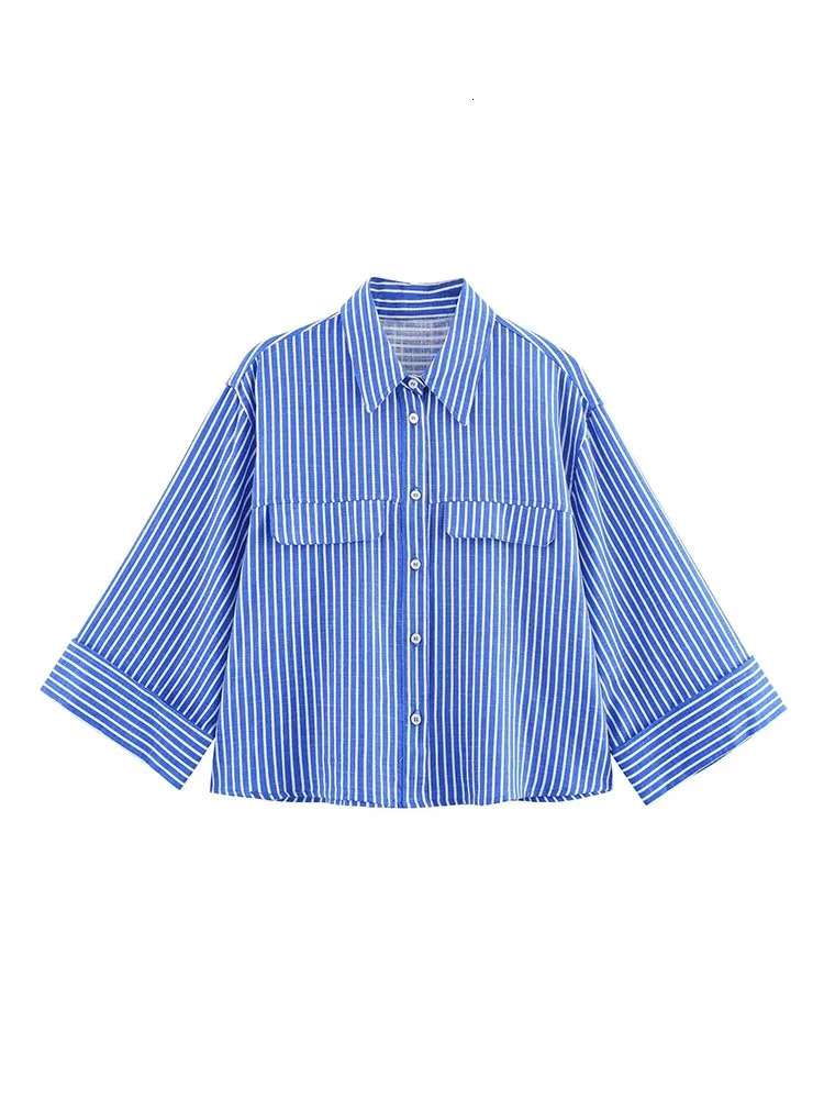 Women Summer Shirts Blouses Tops Casual Striped Linen Loose Pockets Female Elegant Street Short Top Clothing 260126