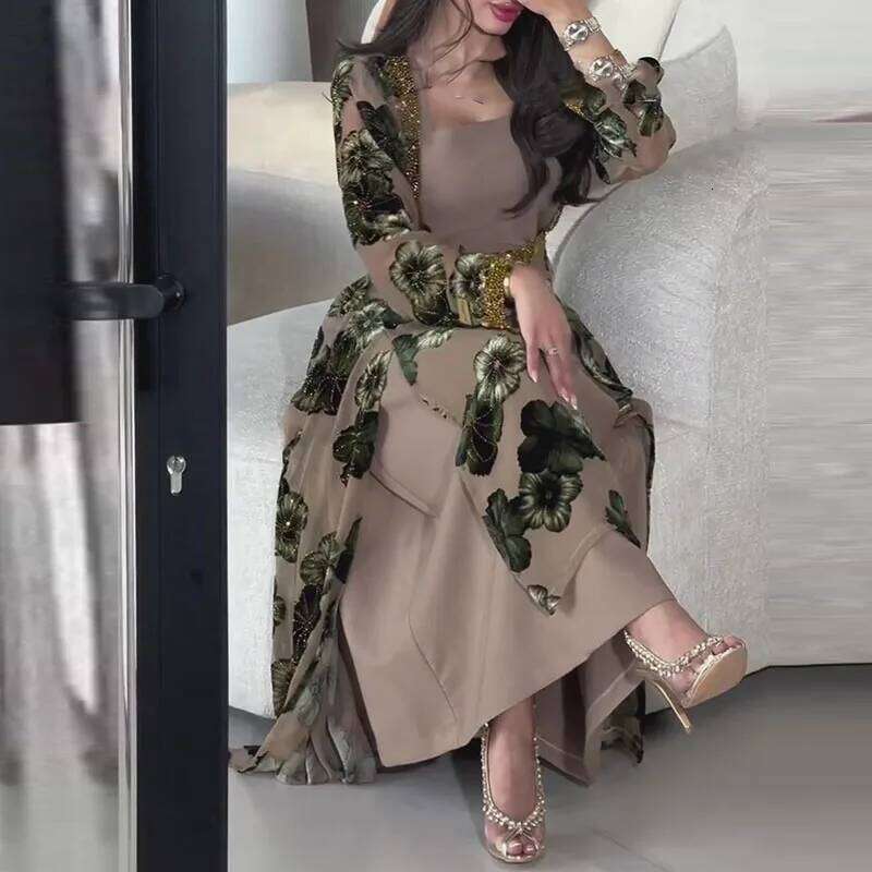 Vintage Floral Print High Waist Banquet Autumn New Long Sleeved Pleated Women's Casual Patchwork Slim Fit Maxi Dress XJ260130