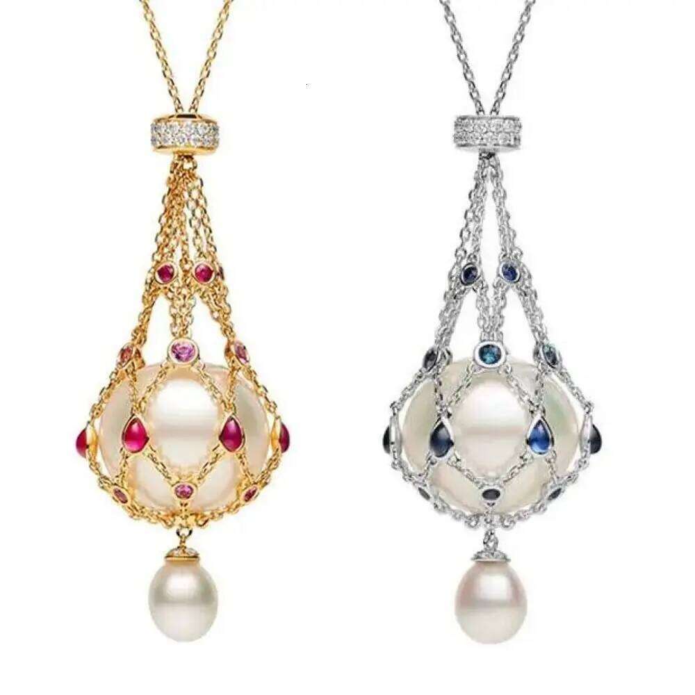 Women Exquisite Gemstone Lavalier Elegant Pendant Necklaces Natural Pearl Metal Braided Mesh Necklace