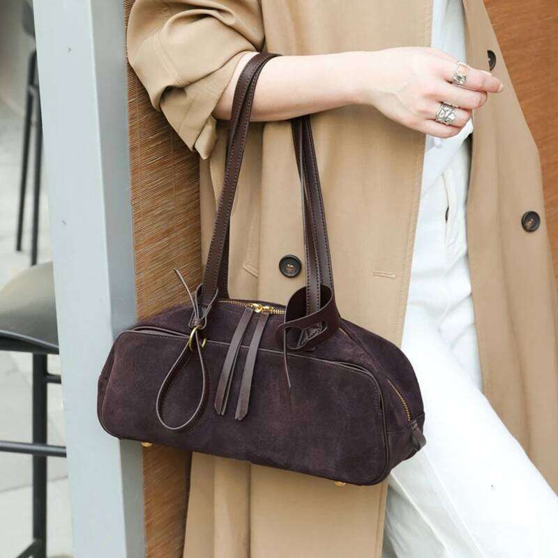 Burminsa Cowhide Suede Genuine Leather Underarm Shoulder Bags For Women 2026 Luxury Designer Bowling Totes Work Ladies Handbags