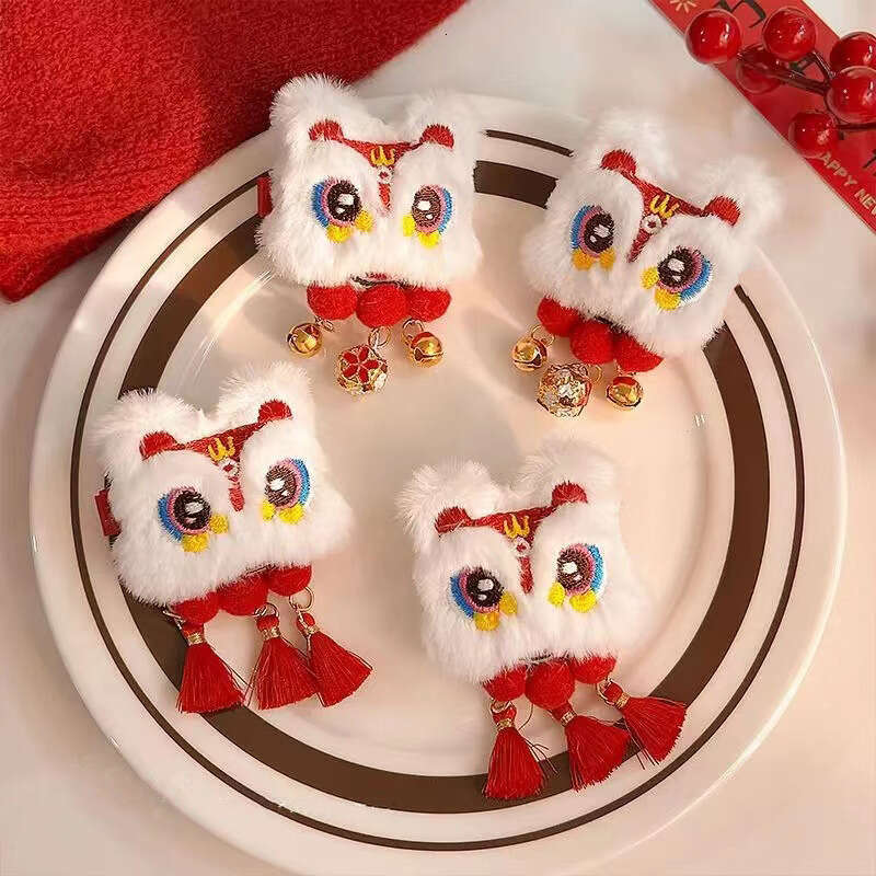 New Year Lion Dance Tassel Girls Duckbill For Children Double Bun Side Bang Clip Hair Accessory Yuansiqi