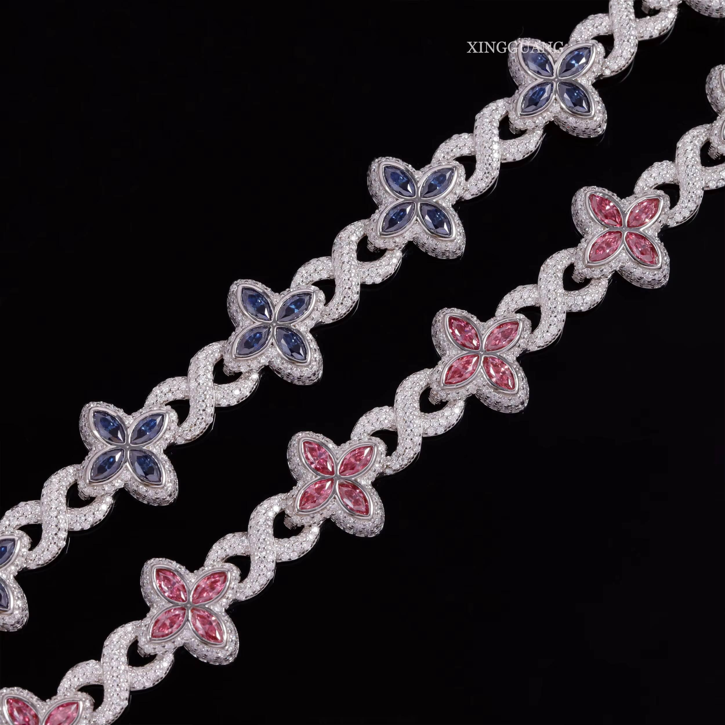 Designer bracelet 12mm Lucky Clover Bracelet Gold Plated 925 Silver Hip Hop Iced Out VVS Pink Green Blue Diamond Moissanite Bracelet for Gift