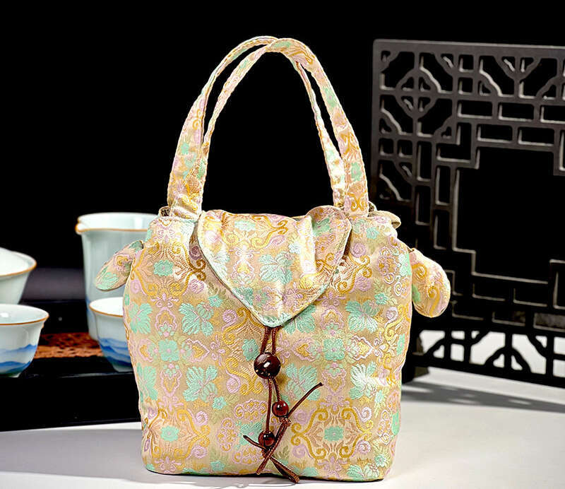 Brocade Fabric Chinese Style Embroidered Portable Outdoor Storage Bag Travel Tea Set Handbag MASA