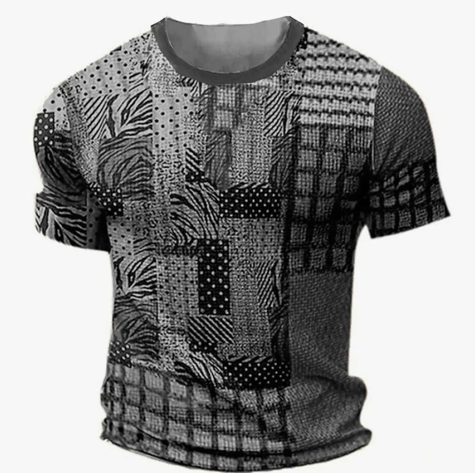Men's T-shirt Retro Patchwork Print Short Sleeve Mixed Checkered And Animal Patterns Relaxed Crew Neck Fit Daily Outfit