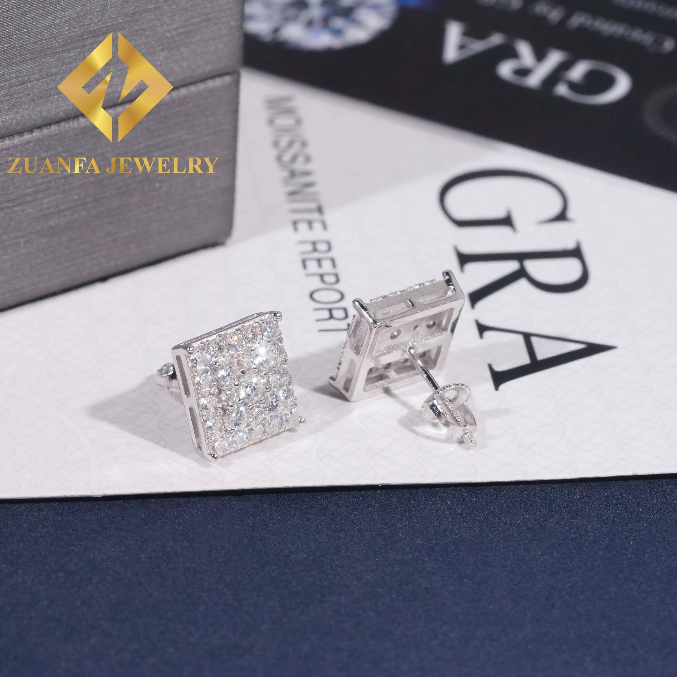 Fashionable Luxurious Square Shape Stud Earring 925 Sterling Silver VVS Moissanite Stud Earring for Men