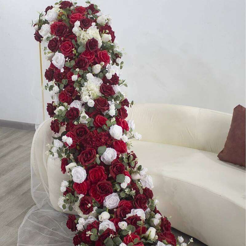 Red white colour Rose Large Artificial Flower Row Runner Wedding Backdrop Decor Floral Party showcase decoration prop W260130