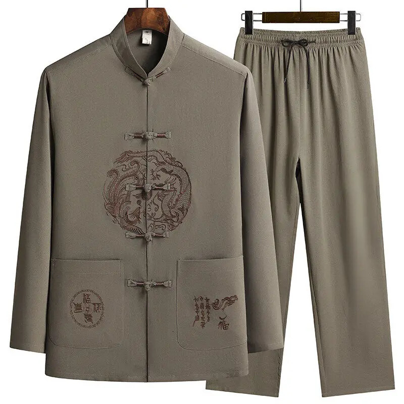 Male printing Chinese style long sleeves shirts trouser 100 Cotton Silk fabric Sportswear Mens Casual Sets Shirts Pants260130