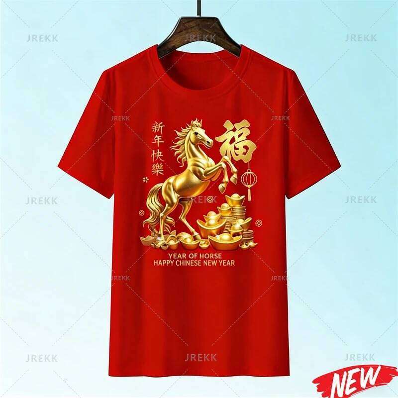 Red Color Chinese Horse T shirt For Men Women Happy New Year Round Neck Tee Shirts Polyester Family Short Sleeves luanyun