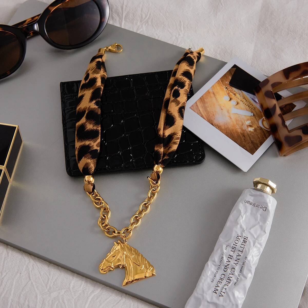 Youthway Horse Pendant Leopard Print Cloth Chain For Women 18K Gold Plated Stainless Steel Necklace Fashion Jewelry