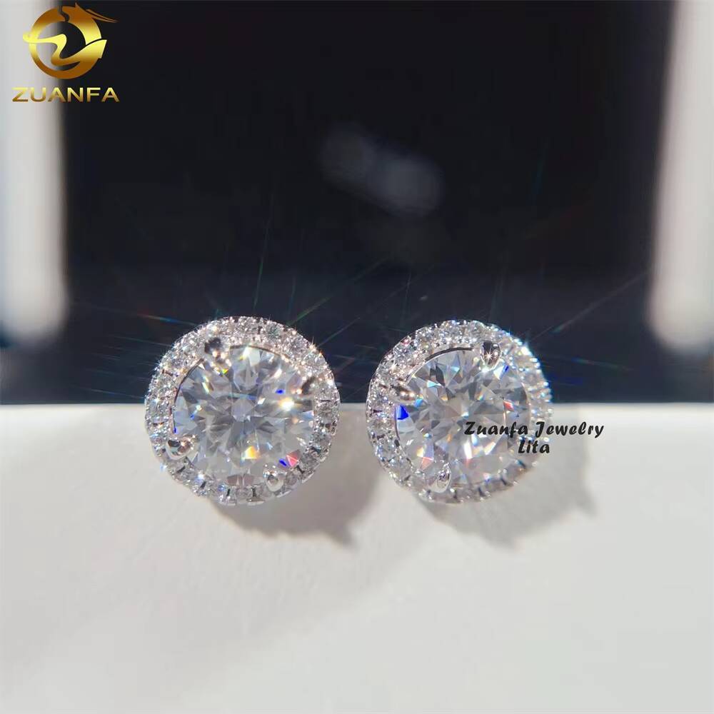 Fashion Jewlery Iced Out Halo Design 1ct Center Stone Silver Stud Moissanite Earrings