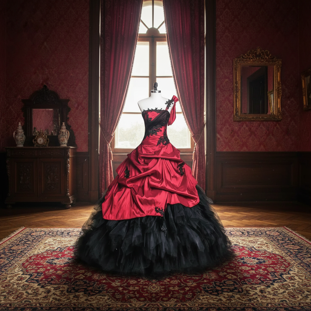 Gothic Black And Red Wedding Dresses One Shoulder Ruched Vintage Victorian Bridal Gowns Tiers Skirt Plus Size Corset Bride Dress 2026